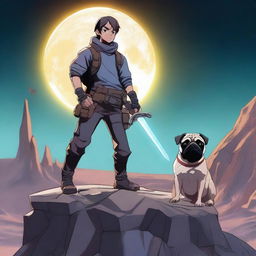 A 16-year-old boy holding a sword pointing downward, with a panting pug sitting next to him