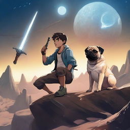 A 16-year-old boy holding a sword pointing downward, with a panting pug sitting next to him