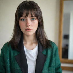 casual photograpy medium body, female, 23 year old with green eyes and black long hai with withe streaks in the bangs with raper jacket .,freckles, self on the mirror, relax time, medium distance shot, 4k hd,  --style raw--v 5.2 ar 2-3