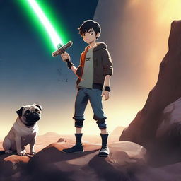 A 16-year-old boy holding a sword pointing downward, with a panting pug sitting next to him