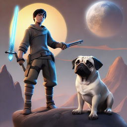 A 16-year-old boy holding a sword pointing downward, with a panting pug sitting next to him