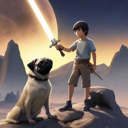 A 16-year-old boy holding a sword pointing downward, with a panting pug sitting next to him