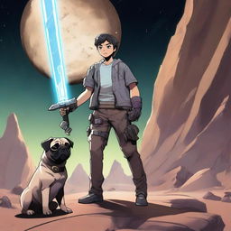 A 16-year-old boy holding a metal sword pointing downward, with a panting pug sitting next to him