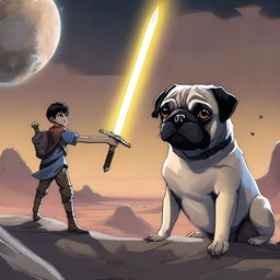 A 16-year-old boy holding a metal sword pointing downward, with a panting pug sitting next to him