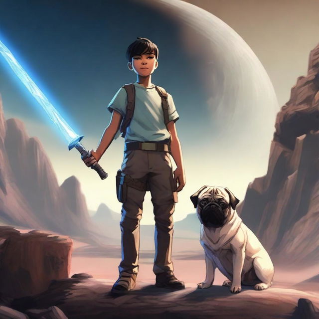 A 16-year-old boy holding a metal sword pointing downward, with a panting pug sitting next to him