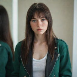 casual photograpy medium body, female, 23 year old with green eyes and black long hai with withe streaks in the bangs with raper jacket .,freckles, self on the mirror, relax time, medium distance shot, 4k hd,  --style raw--v 5.2 ar 2-3