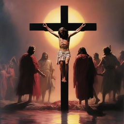 A sunset overview of Jesus on the cross with a trail of blood leading from his mouth to a couple of Roman soldiers at his feet in a pool of blood