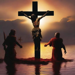 A sunset overview of Jesus on the cross with a trail of blood leading from his mouth to a couple of Roman soldiers at his feet in a pool of blood