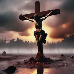 A dramatic sunset overview of Jesus on the cross, with a trail of blood leading from his mouth to a couple of Roman soldiers standing at his feet in a puddle of blood