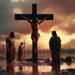 A dramatic sunset overview of Jesus on the cross, with a trail of blood leading from his mouth to a couple of Roman soldiers standing at his feet in a puddle of blood