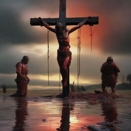 A dramatic sunset overview of Jesus on the cross, with a trail of blood leading from his mouth to a couple of Roman soldiers standing at his feet in a puddle of blood