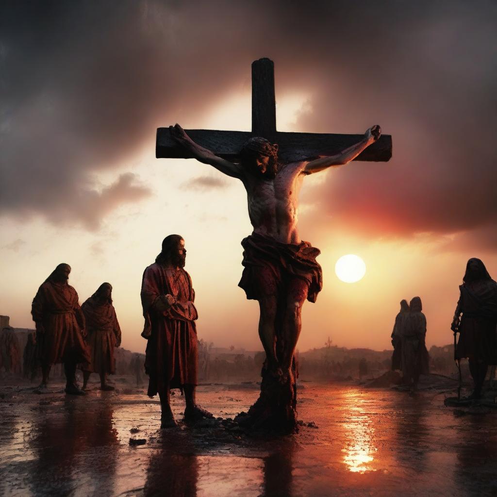 A dramatic sunset overview of Jesus on the cross, with a trail of blood leading from his mouth to a couple of Roman soldiers standing at his feet in a puddle of blood