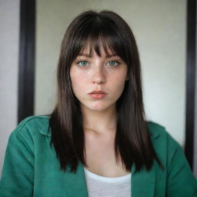 casual photograpy medium body, female, 23 year old with green eyes and black long hai with withe streaks in the bangs with raper jacket .,freckles, self on the mirror, relax time, medium distance shot, 4k hd,  --style raw--v 5.2 ar 2-3