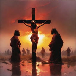 A dramatic sunset overview of Jesus on the cross with a trail of blood leading from his mouth to a couple of Roman soldiers at his feet standing in a puddle of blood