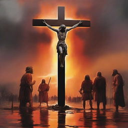 A dramatic sunset overview of Jesus on the cross with a trail of blood leading from his mouth to a couple of Roman soldiers at his feet standing in a puddle of blood