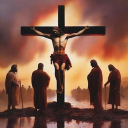 A dramatic sunset overview of Jesus on the cross with a trail of blood leading from his mouth to a couple of Roman soldiers at his feet standing in a puddle of blood