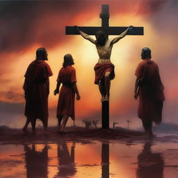 A dramatic sunset overview of Jesus on the cross with a trail of blood leading from his mouth to a couple of Roman soldiers at his feet standing in a puddle of blood