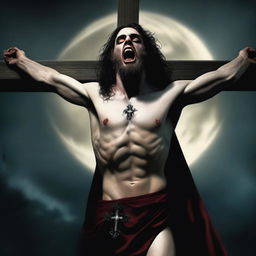 Create an image of Vampire Jesus on the cross