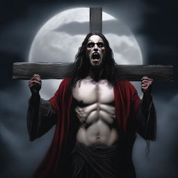 Create an image of Vampire Jesus on the cross