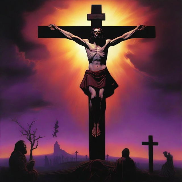 A dramatic sunset overview featuring a vampire Jesus on the cross