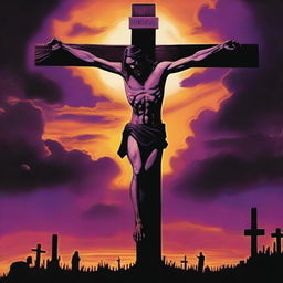 A dramatic sunset overview featuring a vampire Jesus on the cross