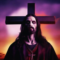 A cinematic sunset overview of a vampire Jesus on the cross