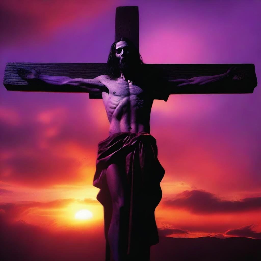 A cinematic sunset overview of a vampire Jesus on the cross