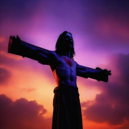 A cinematic sunset overview of a vampire Jesus on the cross