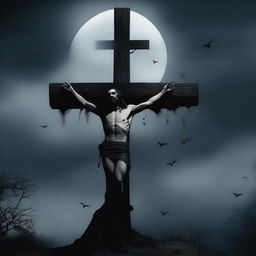 Create an image of a vampire resembling Jesus on a cross, with gothic and dark elements