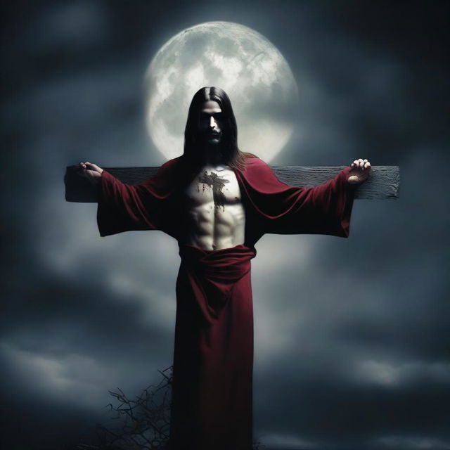 Create an image of a vampire resembling Jesus on a cross, with gothic and dark elements