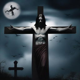 Create an image of a vampire resembling Jesus on a cross, with gothic and dark elements