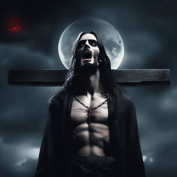 Create an image of a vampire resembling Jesus on a cross, with gothic and dark elements