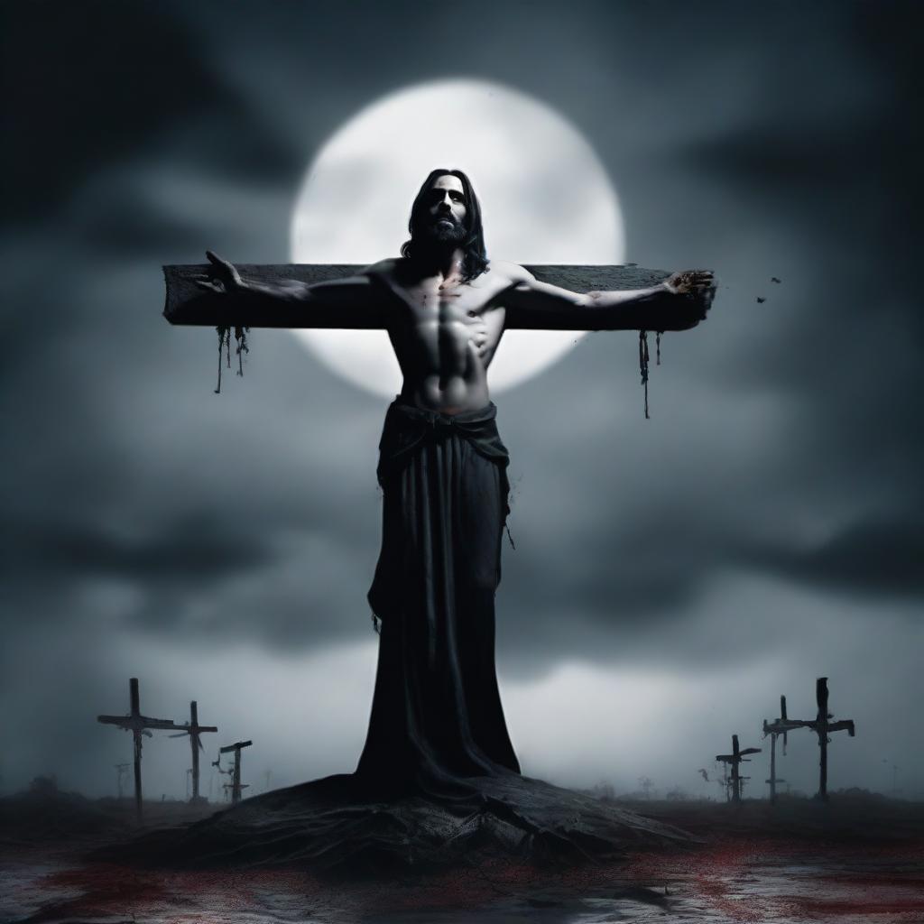 Create an image of a vampire resembling Jesus on a cross, with gothic and dark elements