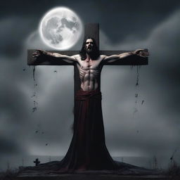 Create an image of a vampire resembling Jesus on a cross, with gothic and dark elements