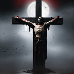 Create an image of a vampire resembling Jesus on a cross, with gothic and dark elements