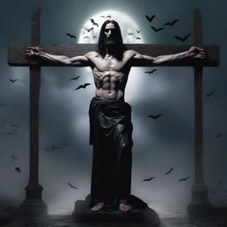 Create an image of a vampire resembling Jesus on a cross, with gothic and dark elements