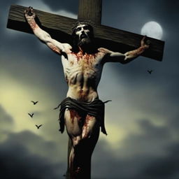 Create an image of Jesus crucified on a cross, but with yellow eyes and fangs, resembling a vampire