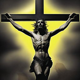 Create an image of Jesus crucified on a cross, but with yellow eyes and fangs, resembling a vampire