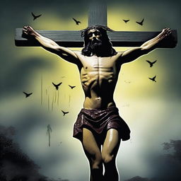 Create an image of Jesus crucified on a cross, but with yellow eyes and fangs, resembling a vampire