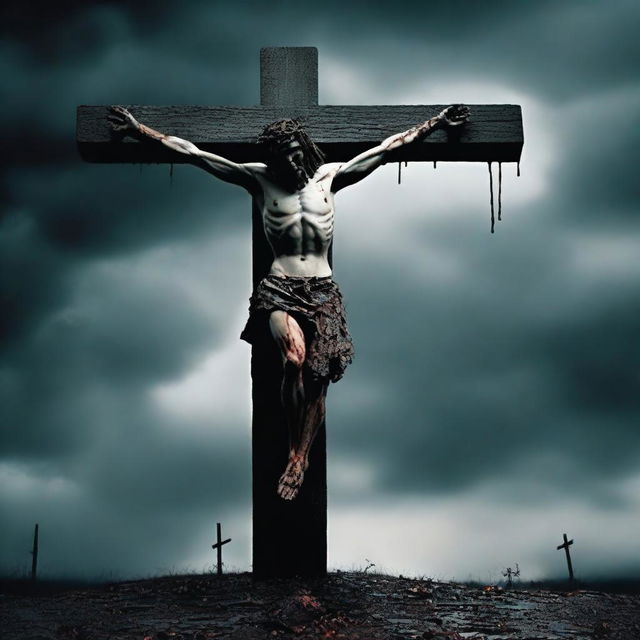 Create an image of Jesus crucified on a cross, with jaundiced skin and fangs, resembling a vampire