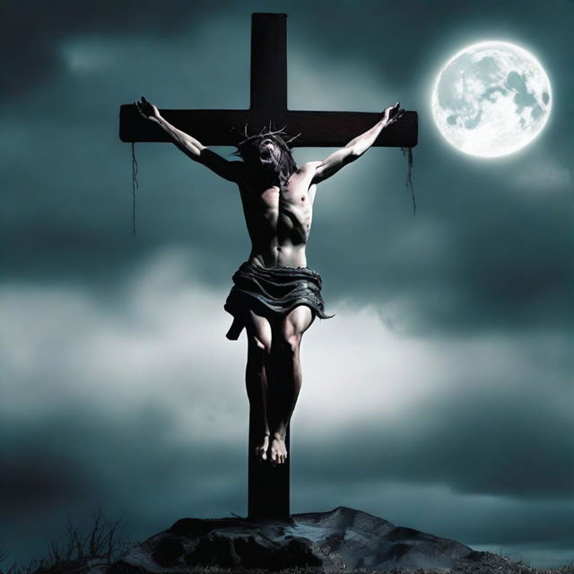 Create an image of Jesus crucified on a cross, with jaundiced skin and fangs, resembling a vampire