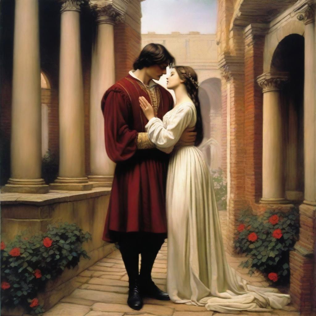 An artistic depiction of Romeo and Juliet, the iconic characters from Shakespeare's play, set in a romantic and historical scene