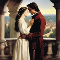 An artistic depiction of Romeo and Juliet, the iconic characters from Shakespeare's play, set in a romantic and historical scene