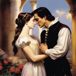 An artistic depiction of Romeo and Juliet, the iconic characters from Shakespeare's play, set in a romantic and historical scene