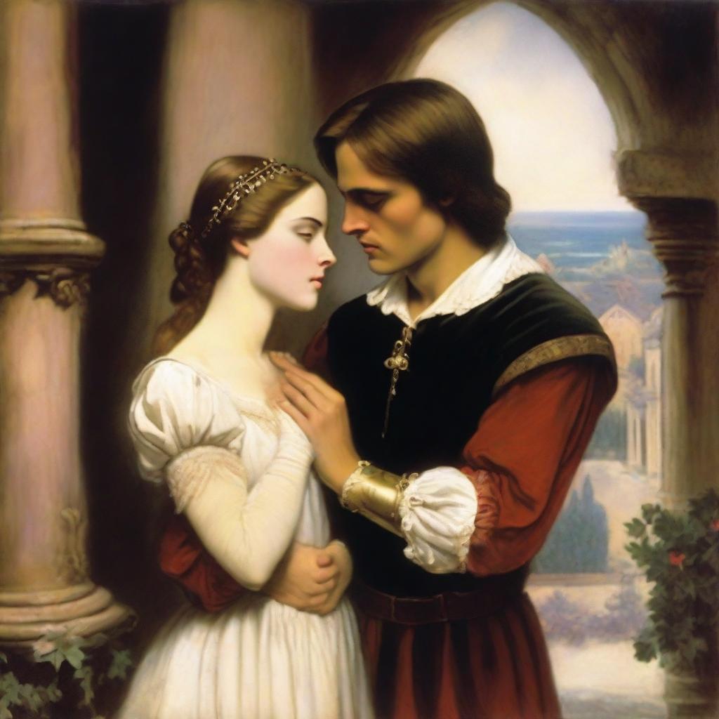 An artistic depiction of Romeo and Juliet, the iconic characters from Shakespeare's play, set in a romantic and historical scene