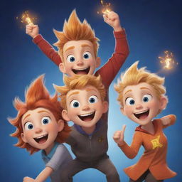 Illustrate an excited character named Spark, joining a delighted, laughing trio who have just solved a series of riddles. Set it in an adventurous backdrop, full of mystique and camaraderie.