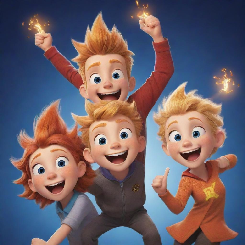 Illustrate an excited character named Spark, joining a delighted, laughing trio who have just solved a series of riddles. Set it in an adventurous backdrop, full of mystique and camaraderie.