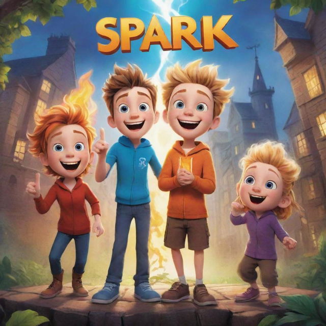 Illustrate an excited character named Spark, joining a delighted, laughing trio who have just solved a series of riddles. Set it in an adventurous backdrop, full of mystique and camaraderie.