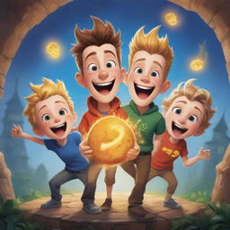 Illustrate an excited character named Spark, joining a delighted, laughing trio who have just solved a series of riddles. Set it in an adventurous backdrop, full of mystique and camaraderie.