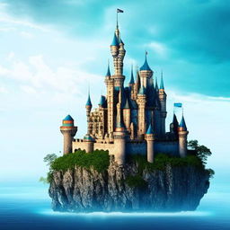 A grand castle situated on a floating island amidst the clear blue sky